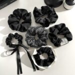 Black Satin Ribbon Scrunchie with Rhinestone Mesh Bow - Image 8