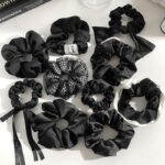 Black Satin Ribbon Scrunchie with Rhinestone Mesh Bow - Image 6