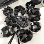 Black Satin Ribbon Scrunchie with Rhinestone Mesh Bow