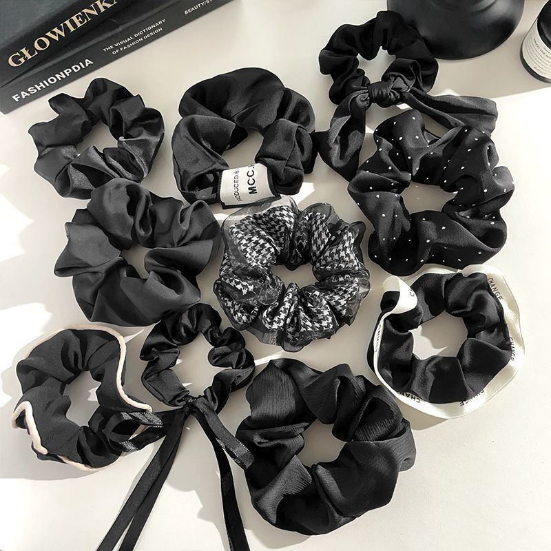 Detail Images5 Black Satin Ribbon Scrunchie with Rhinestone Mesh Bow - Image 1