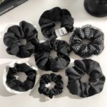 Black Satin Ribbon Scrunchie with Rhinestone Mesh Bow - Image 4