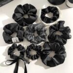 Black Satin Ribbon Scrunchie with Rhinestone Mesh Bow - Image 3