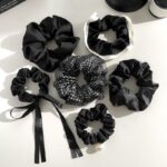 Black Satin Ribbon Scrunchie with Rhinestone Mesh Bow - Image 2