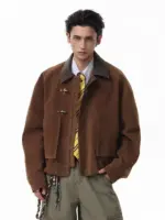 Men’s Boxy Barn Jacket with Leather Collar & Utility Pockets