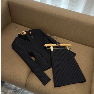 Striped V-Neck Waist-Cinched Blazer & Skirt Set