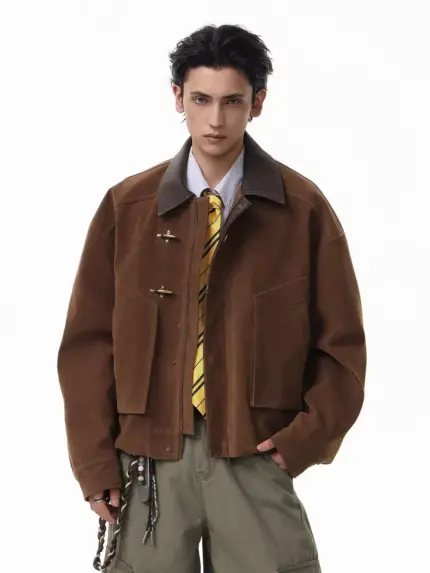 Men’s Boxy Barn Jacket with Leather Collar & Utility Pockets