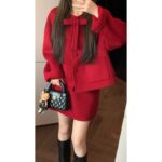 Women's Red Tweed Jacket and Skirt Two-Piece Set - Image 3