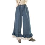 Lace Trim Elastic Waist Denim Casual Pants - Image 10