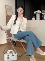 White Embroidered Round Neck Tweed Jacket - Image 3