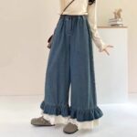 Lace Trim Elastic Waist Denim Casual Pants - Image 4
