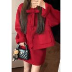 Women's Red Tweed Jacket and Skirt Two-Piece Set - Image 2