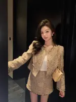 Golden Tweed Sequin Skirt Suit Set - Image 4