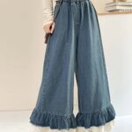 Lace Trim Elastic Waist Denim Casual Pants - Image 5
