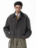 Men’s Boxy Barn Jacket with Leather Collar & Utility Pockets - Image 4