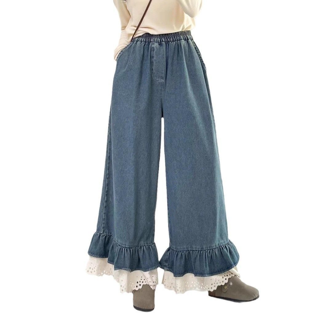 Main Images5 Lace Trim Elastic Waist Denim Casual Pants - Image 1
