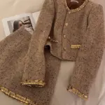 Golden Tweed Sequin Skirt Suit Set
