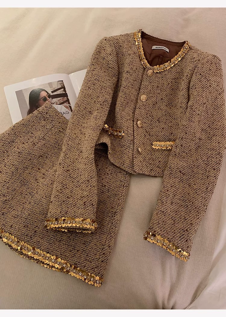 Main Images6 Golden Tweed Sequin Skirt Suit Set - Image 1