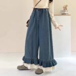 Lace Trim Elastic Waist Denim Casual Pants - Image 7