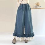 Lace Trim Elastic Waist Denim Casual Pants - Image 8