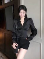 V-Neck Lace Satin Slim-Fit Crop Top - Image 9