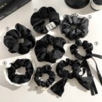 Black Satin Ribbon Scrunchie with Rhinestone Mesh Bow - Image 9
