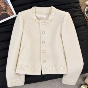 White Embroidered Round Neck Tweed Jacket