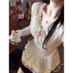 Bow Heart Polka Dot Lace V Neck Top - Image 2