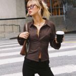 Brown Striped Slim-Fit Flare Sleeve Shirt - Image 3