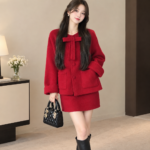 Women's Red Tweed Jacket and Skirt Two-Piece Set