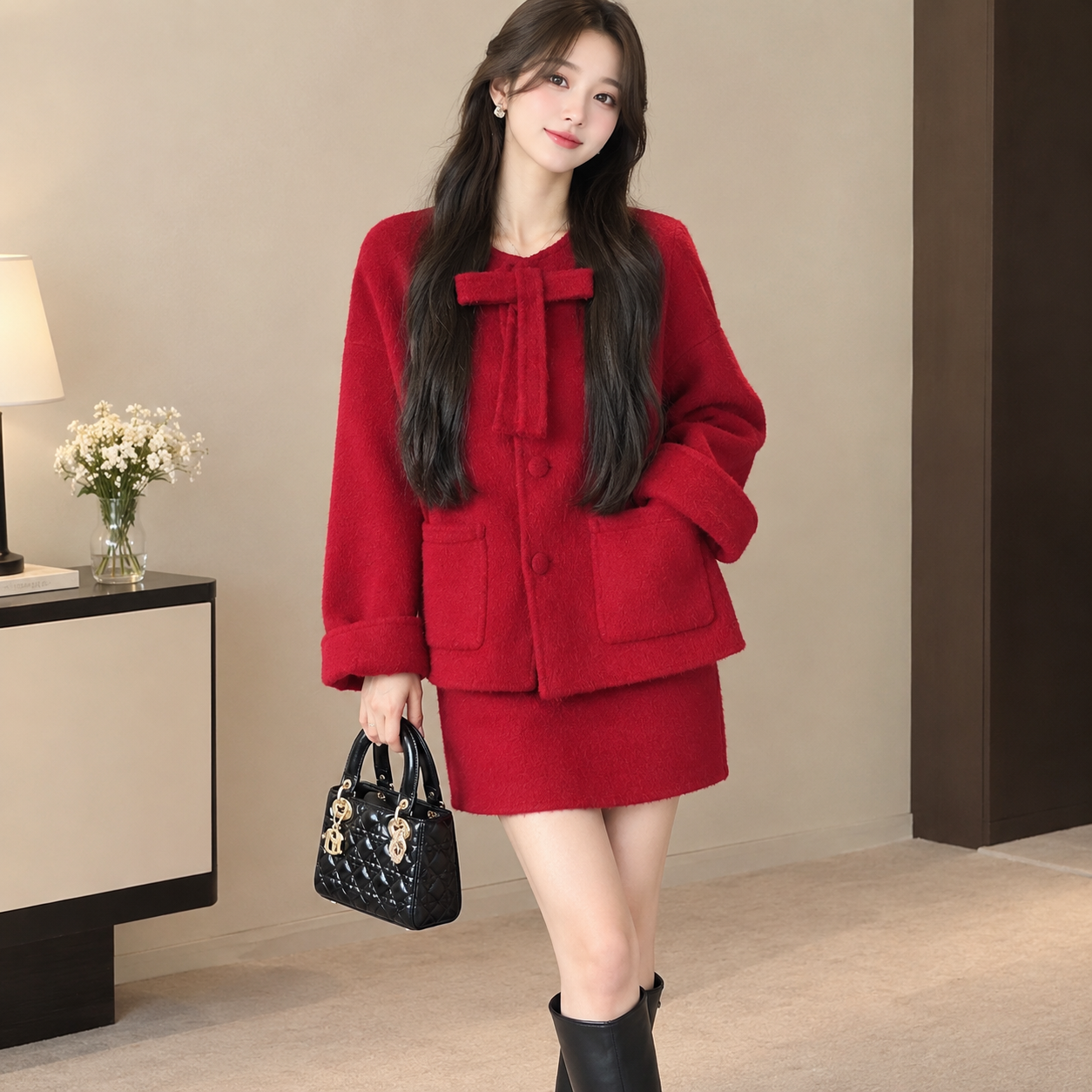 file_00000000ae0881f88f64162058e6c205 Women's Red Tweed Jacket and Skirt Two-Piece Set - Image 1